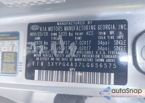 2020 Kia Sorento 2.4L L из США, поврежденный, VIN 5XYPG4A37LG656575